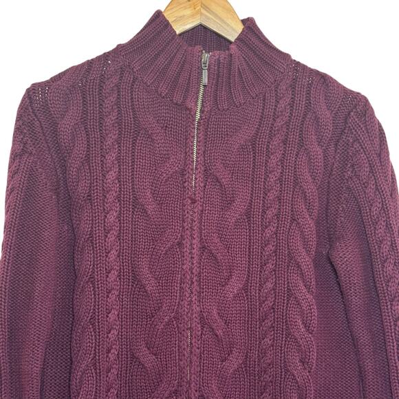 L.L. Bean Women's Medium Maroon Cable Knit High Collar Cotton Zip Up Sweater - Picture 2 of 7